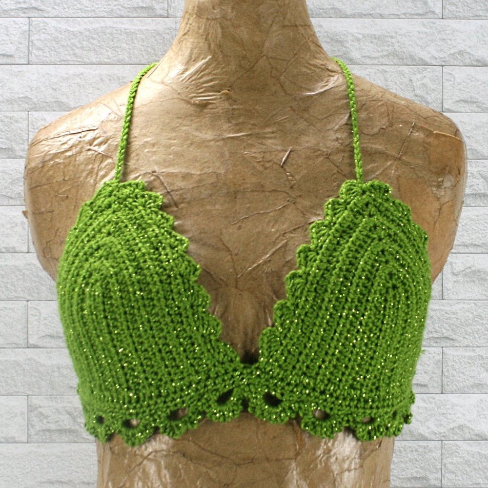 HAND CRAFTED Crop Top Crochet Bikini Green Metallic Festival Rave Various